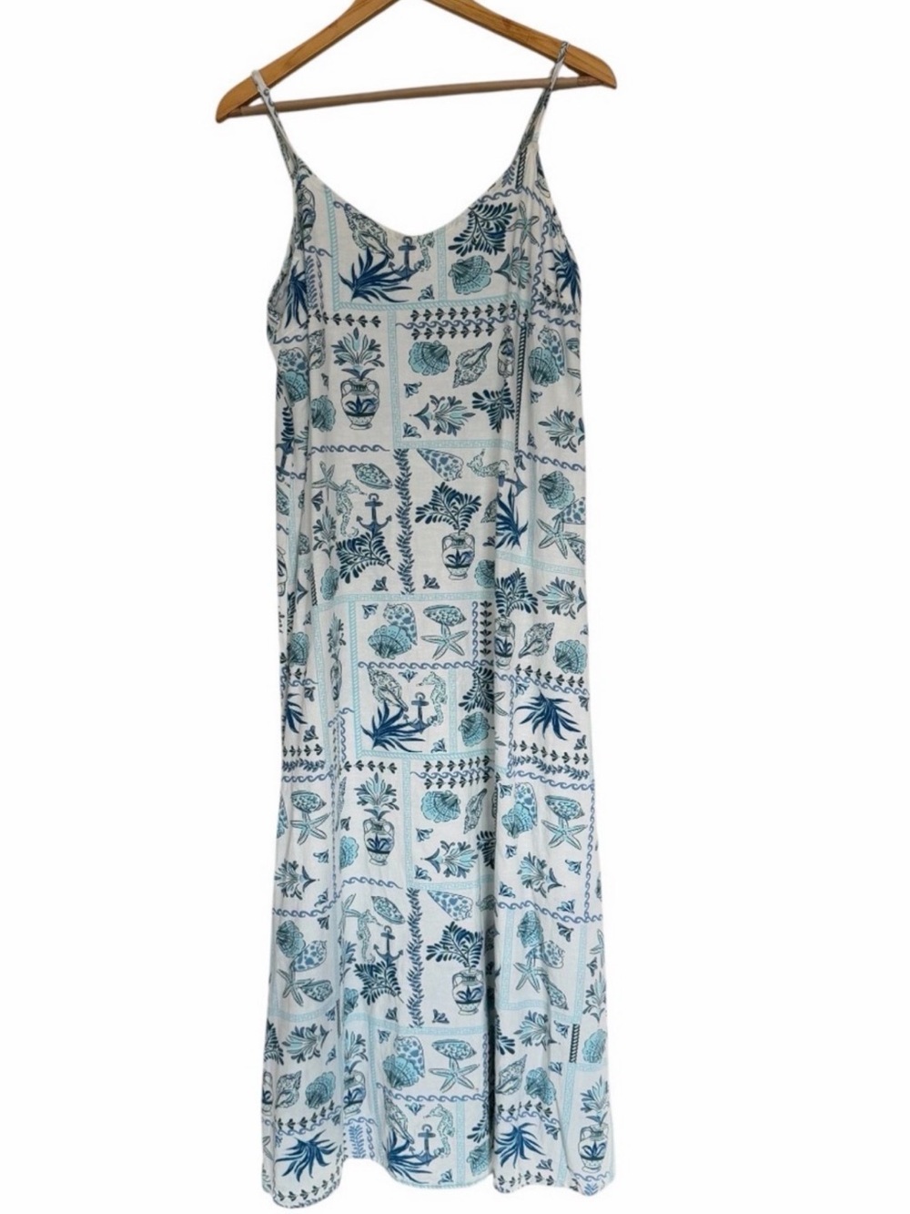 Japna Long Midi Dress Coastal Sea Side  Nautical Flax & Cotton Blend Sz L A Line